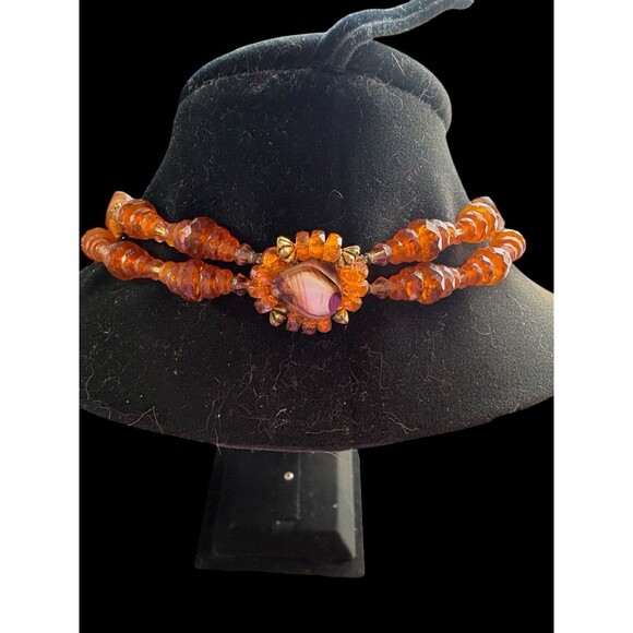 Vintage Amber Color Beaded Necklace and Clip On Earrings Set Unsigned Costume Je - Picture 4 of 10